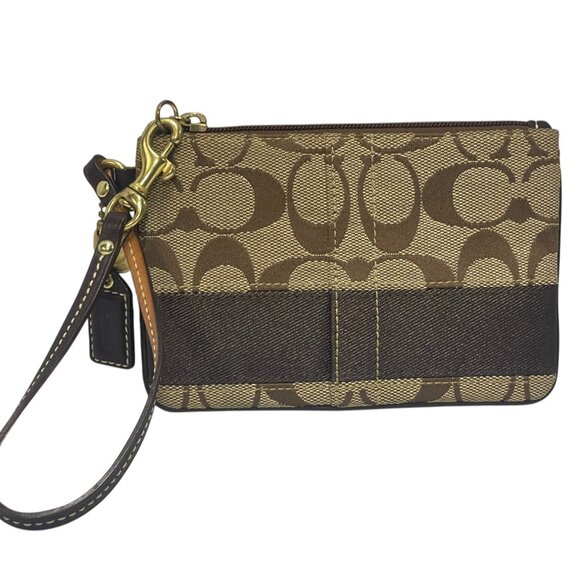 COACH  Brown legacy stripe signature wristlet with leather strap - Picture 1 of 12